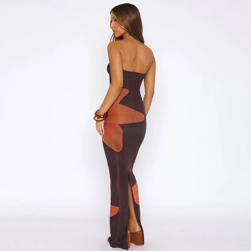 Floral Strapless Split Hem Bodycon Dress