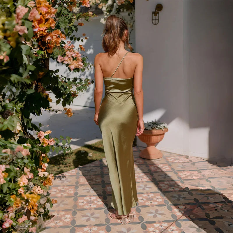 Summer Elegant Satin Slanted Shoulder Dress