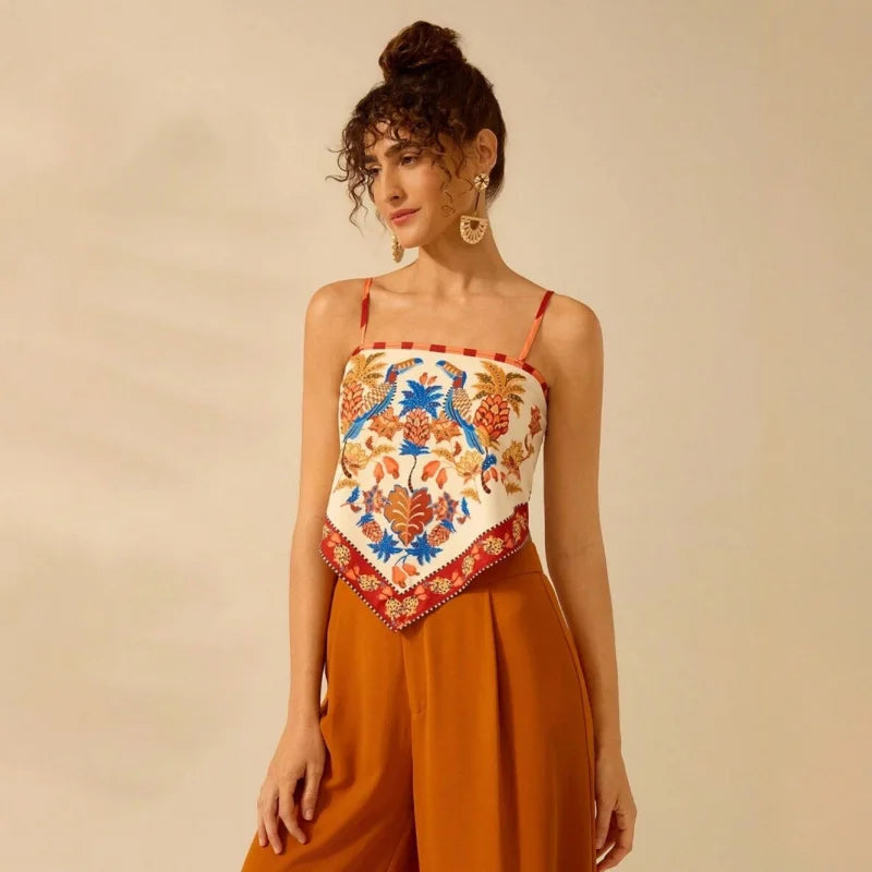Women Summer Beach Style Bohemian Print Suspender Top Colorful Patchwork Back Lace-up Backless Holiday Sexy Wear Top