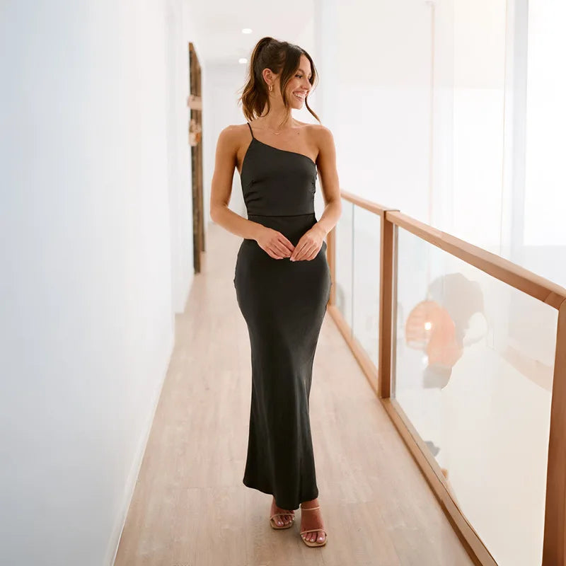 Summer Elegant Satin Slanted Shoulder Dress