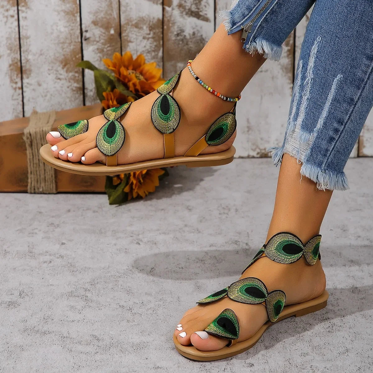 Yellow Embroidered Faux Flower Flat Sandals