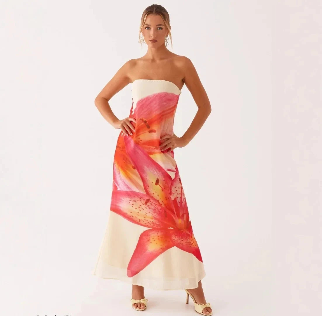 Strapless Summer Floral Print Maxi Dress