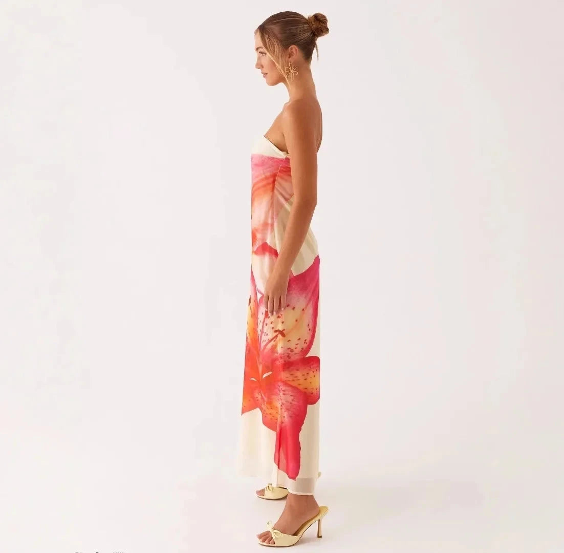 Strapless Summer Floral Print Maxi Dress