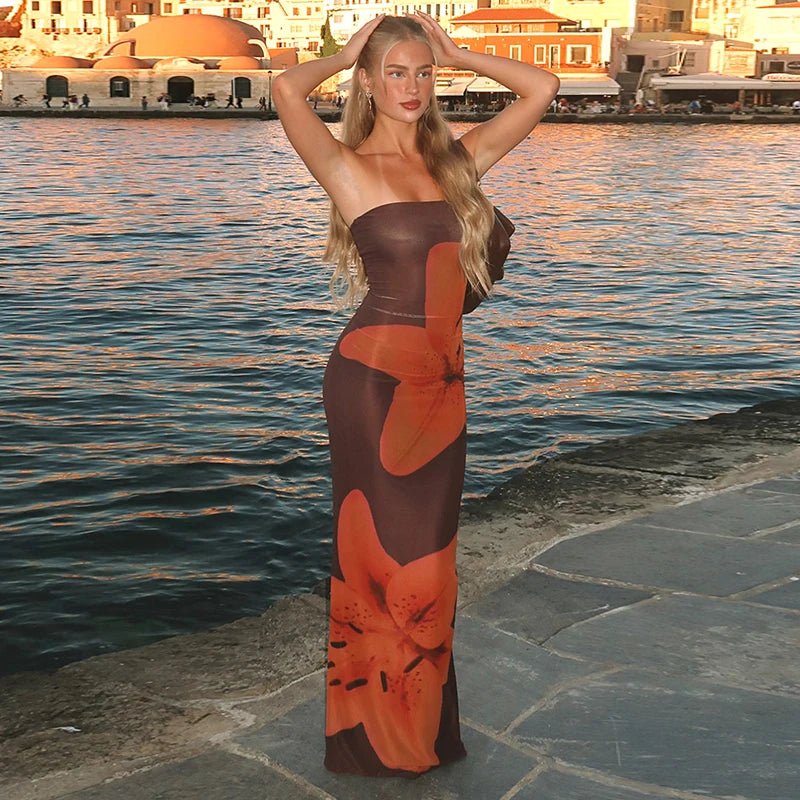 Floral Strapless Split Hem Bodycon Dress