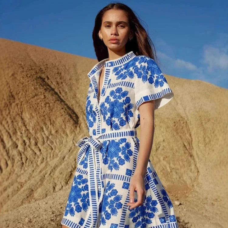 Elegant Printed Short Dress – Summer Casual & Vacation Style