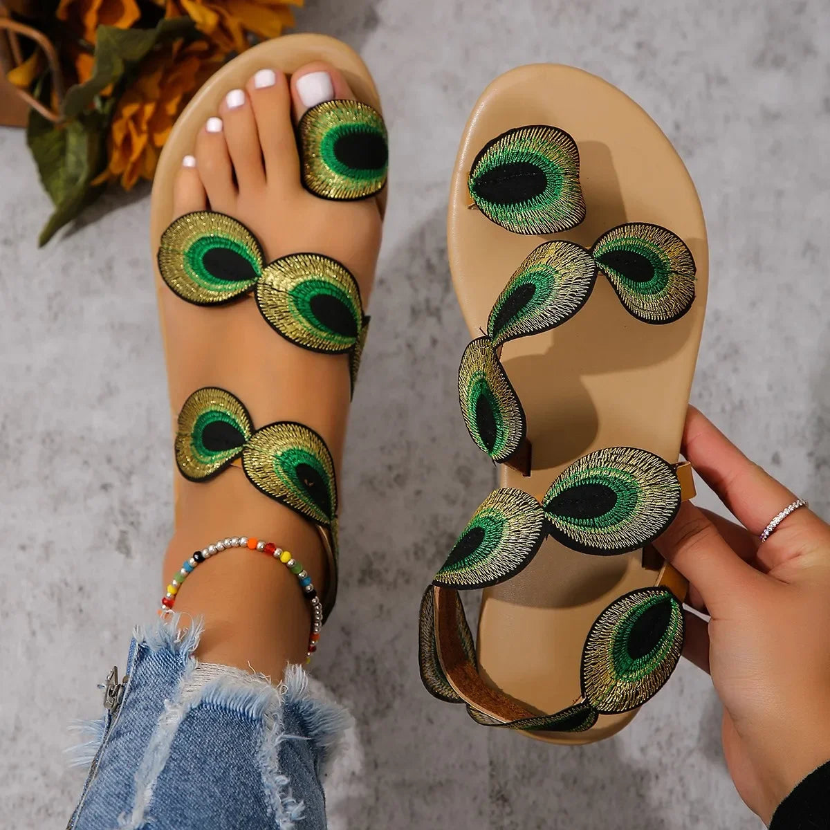 Yellow Embroidered Faux Flower Flat Sandals