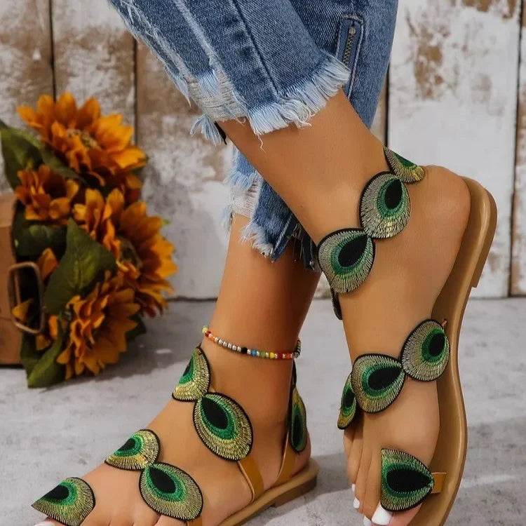 Yellow Embroidered Faux Flower Flat Sandals