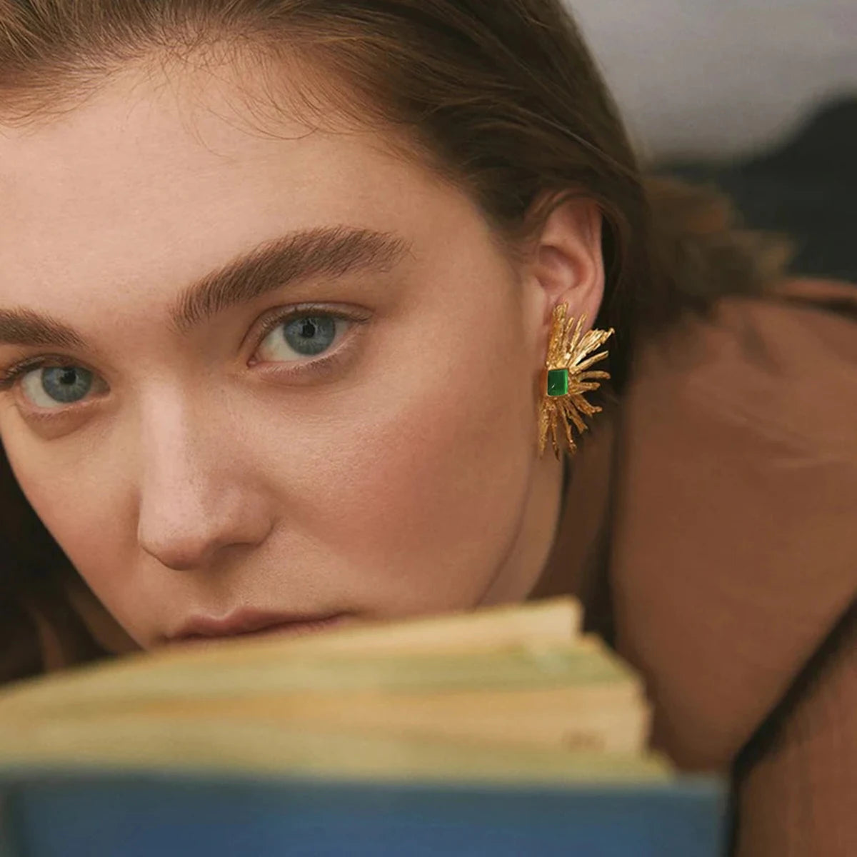 Cat's Eye Stone Sunflower Ear Clips