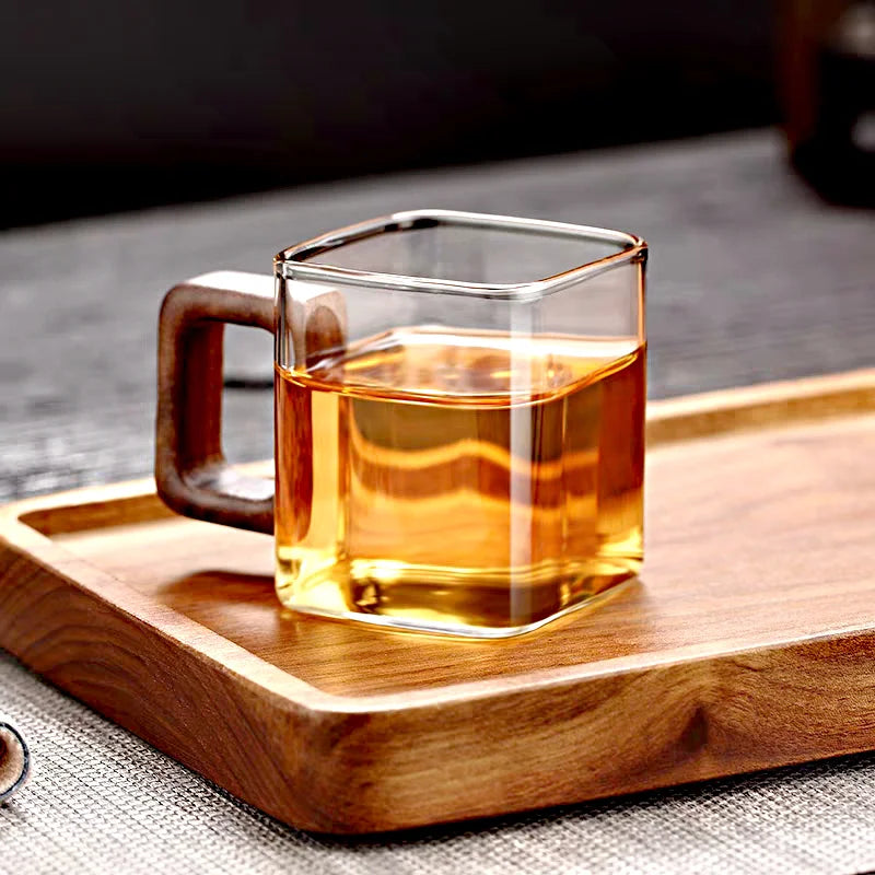 Glass Coffee Mug with Walnut Handle – Elegant Morning Ritual