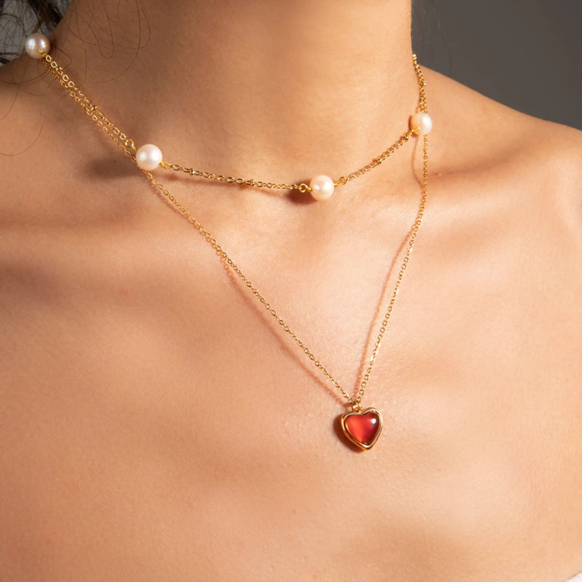 Gold Plated Red Agate Heart Pendant Necklace