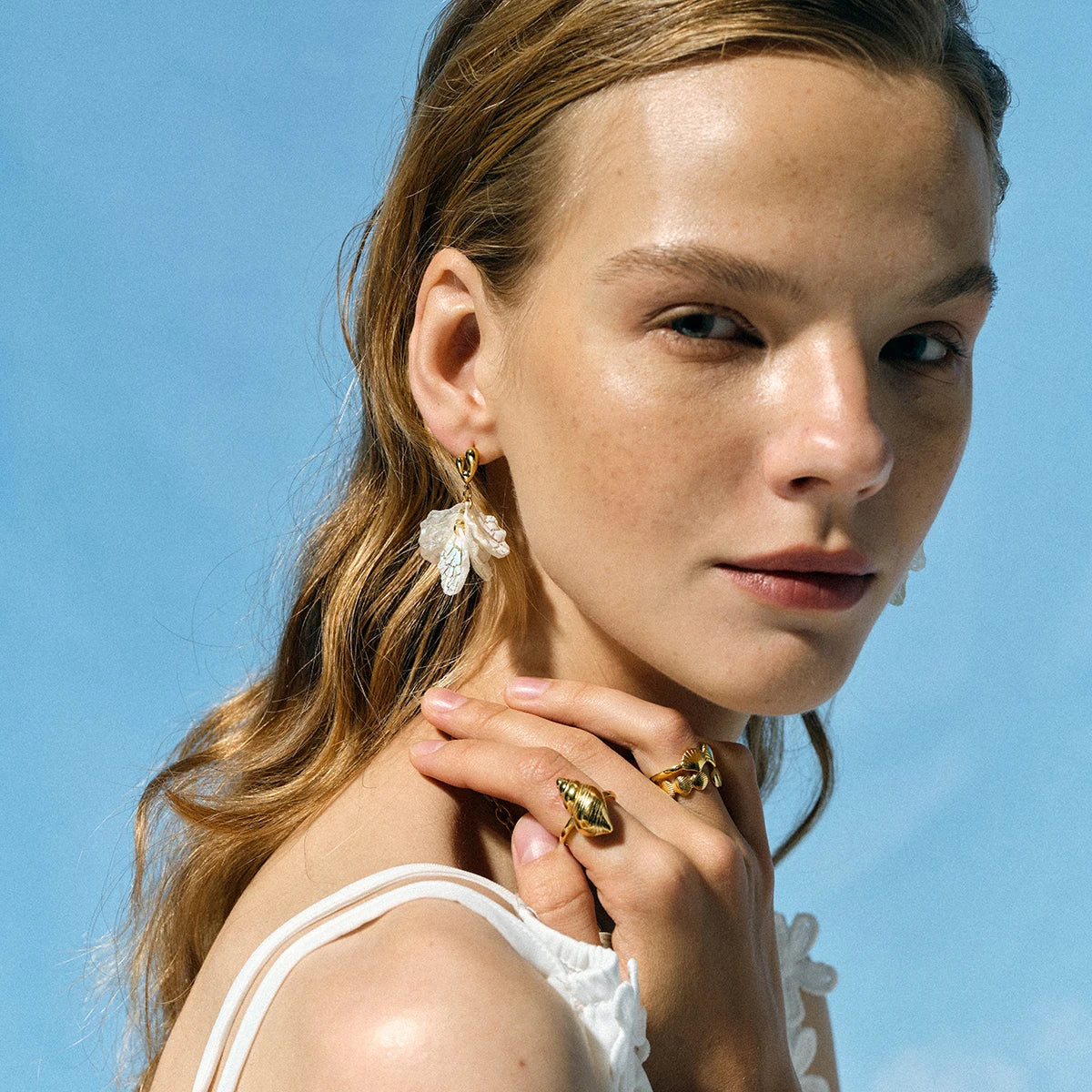 Gold Geometric Heart & Magic Shell Petal Earrings