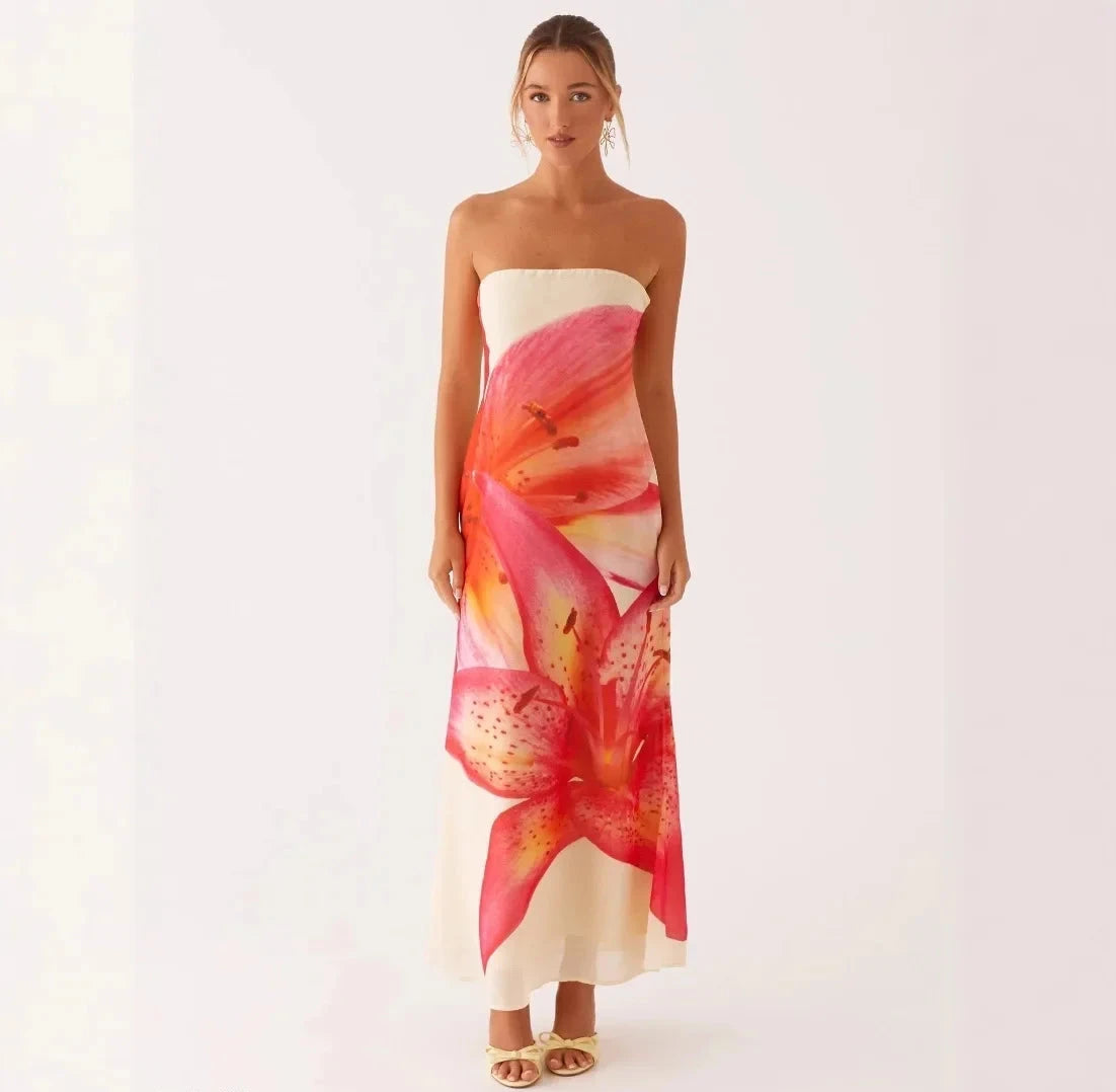 Strapless Summer Floral Print Maxi Dress
