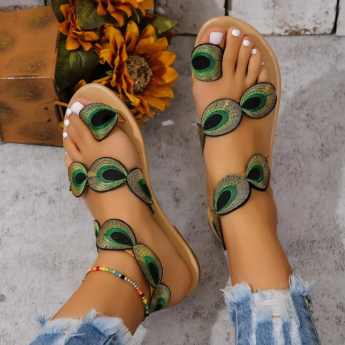 Yellow Embroidered Faux Flower Flat Sandals