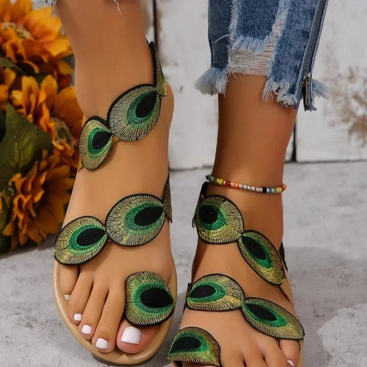Yellow Embroidered Faux Flower Flat Sandals