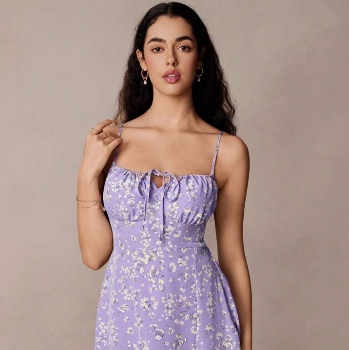 Summer Floral Split Halter Dress – Sleeveless, Elegant &amp; Sexy