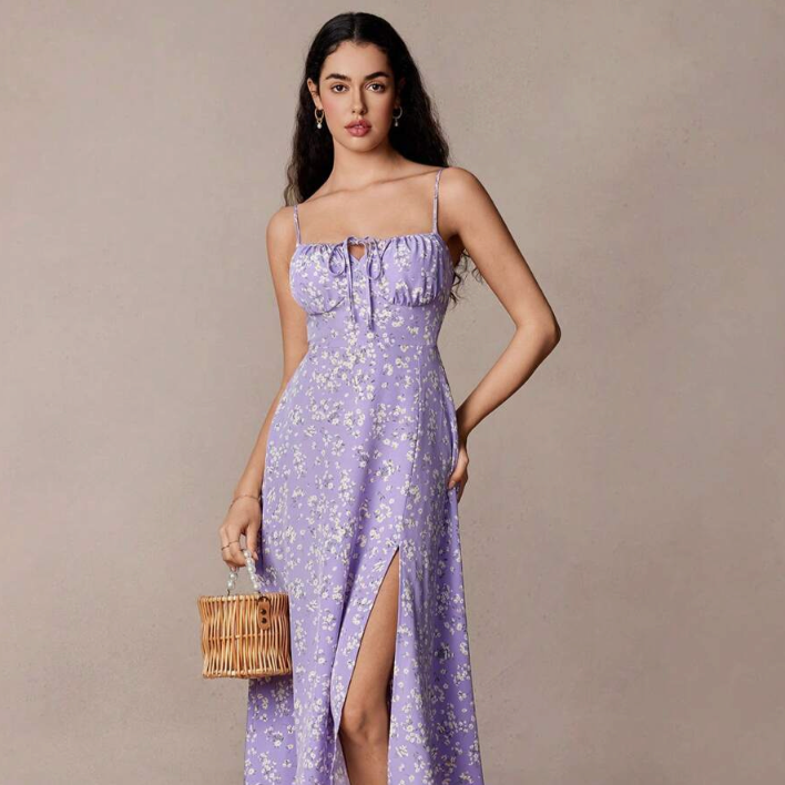 Summer Floral Split Halter Dress – Sleeveless, Elegant &amp; Sexy