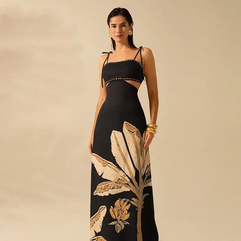 Printed Backless Halter Maxi Dress
