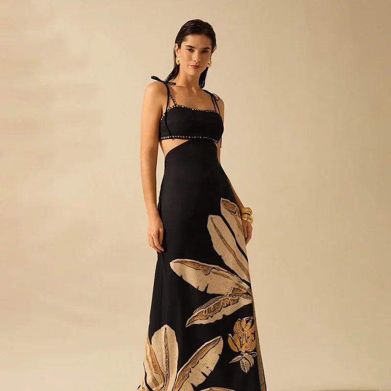 Printed Backless Halter Maxi Dress