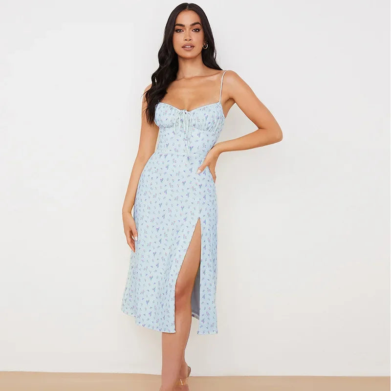 Summer Floral Split Halter Dress – Sleeveless, Elegant &amp; Sexy