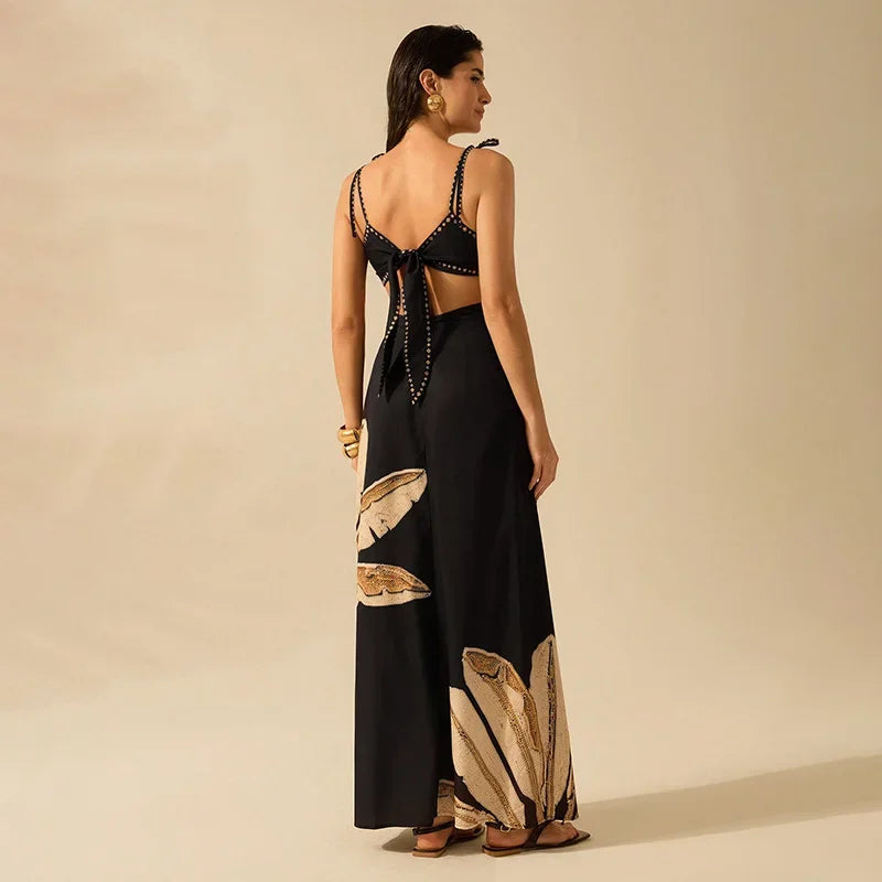 Printed Backless Halter Maxi Dress