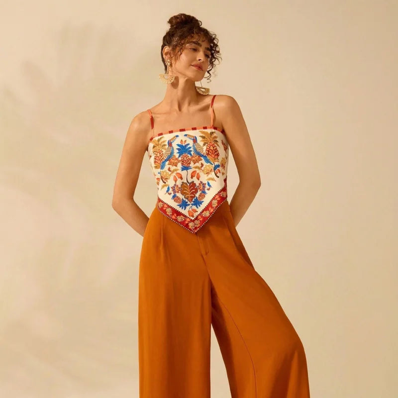 Women Summer Beach Style Bohemian Print Suspender Top Colorful Patchwork Back Lace-up Backless Holiday Sexy Wear Top