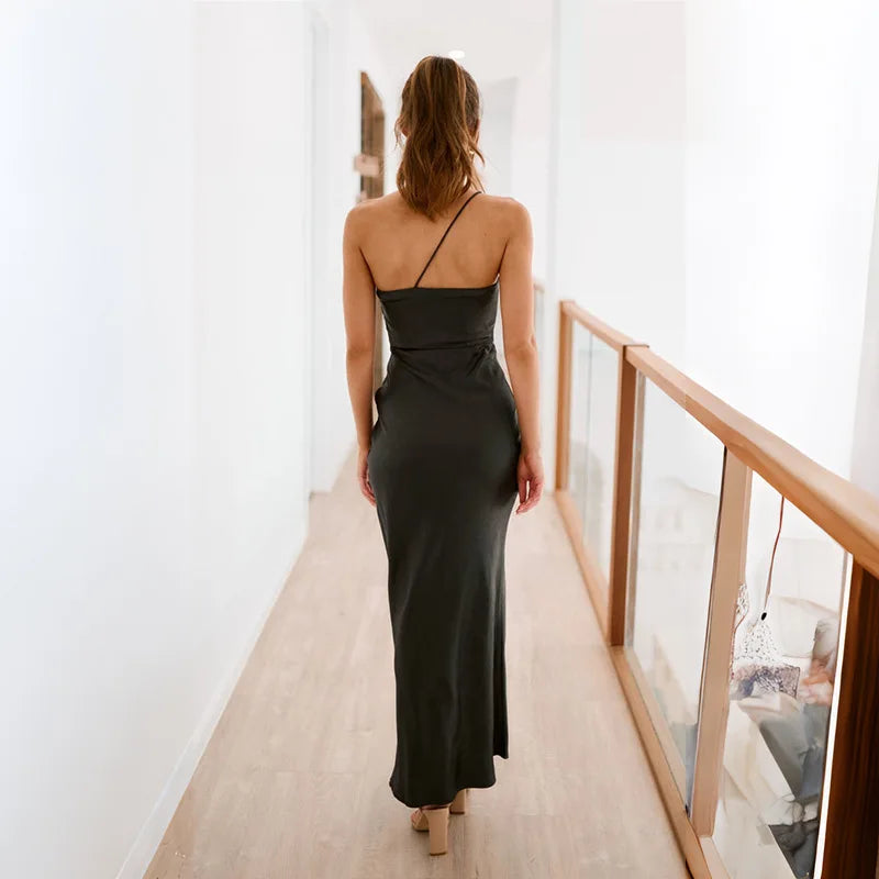 Summer Elegant Satin Slanted Shoulder Dress