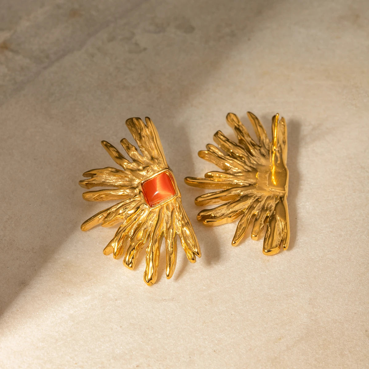 Cat's Eye Stone Sunflower Ear Clips